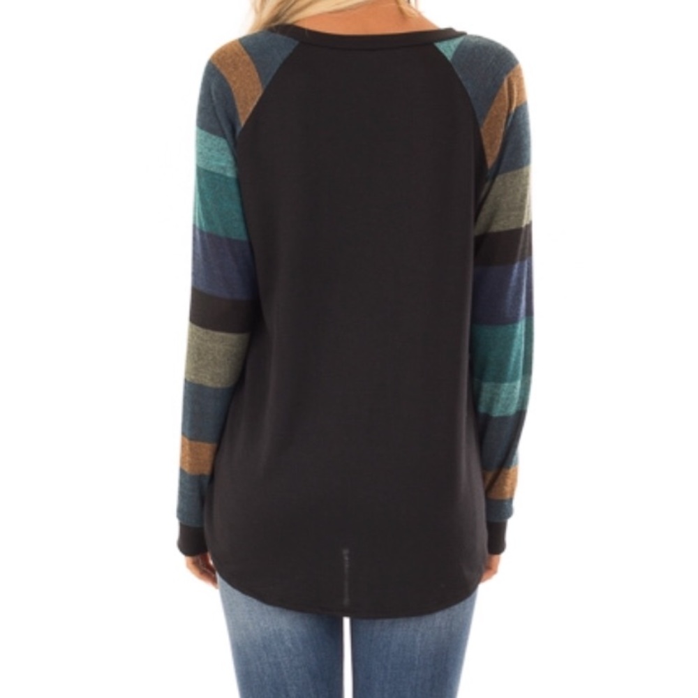 SZ S-M Black Top Long Multi Color Striped Sleeves - Picture 7 of 8